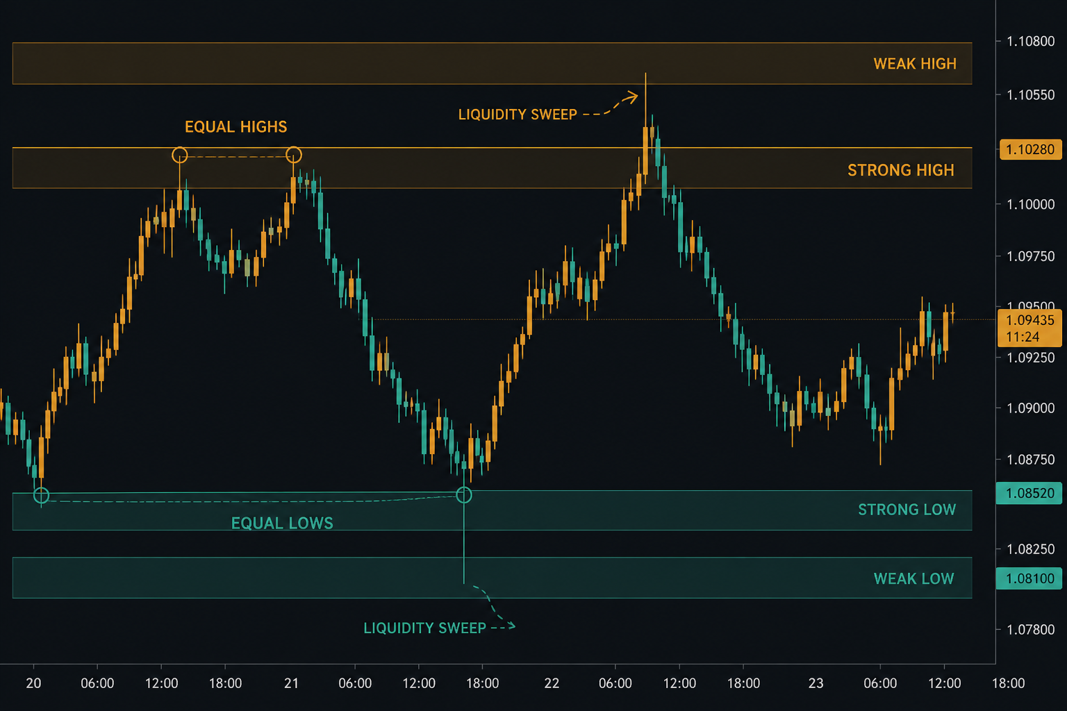 Liquidity zones chart showing weak, high, and strong reaction levels